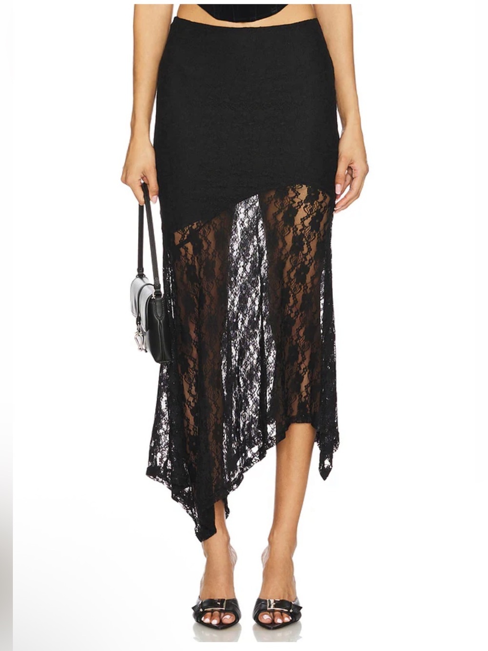 More To Come Ronah Maxi Skirt Black Lace Asymmetric Midi Revolve M